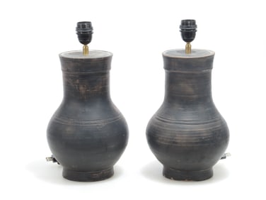 Pair Chinese Style Black Painted Ceramic Lamps