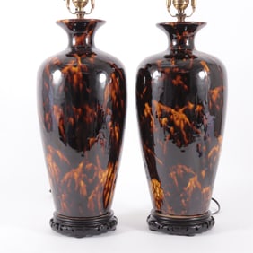 Pair of Tortoiseshell Ceramic Glazed Table Lamps