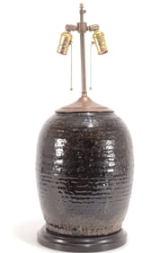 Primitive Black & Green Glazed Earthenware Lamp