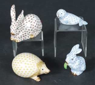 Four Herend Fishnet Porcelain Figures
