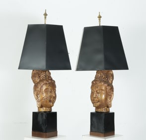 Pair James Mont Buddha Head Lamps