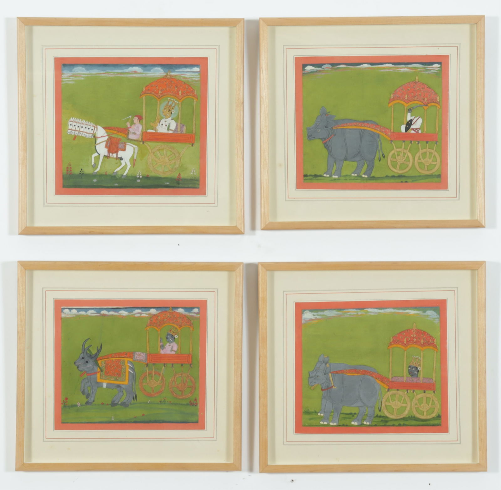 Set of Four Indian Gilt Watercolors, c 1780: Set of Four Indian Gilt Watercolors, c 1780, including a depiction of Surya Hindu deity of the Sun in a chariot being driven by Arjuna. Sold at Sotheby's, March 23, 1995, lot 312, $2,645. Provenance: