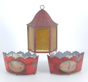 Pair of English Tole Planters & Tole Lantern 19th