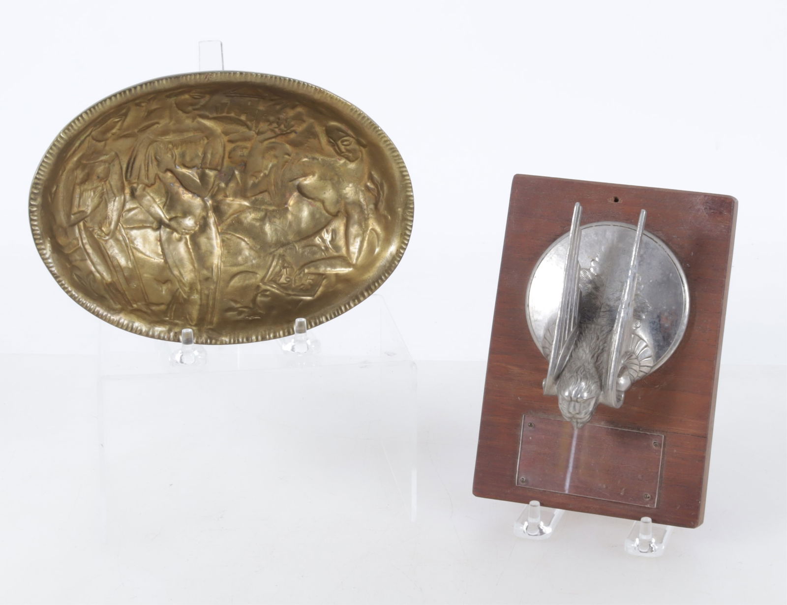 Art Deco Brass Bowl & Chevy Mascot: Art Deco Brass Bowl by Wiener Werkstatte, & Chevy Mascot, bowl is initialed on back KH or JH 1925 Bowl; 7.5" W x 5.75" D x 2.50" H. Mascot; 3.25" W x 4.25" L