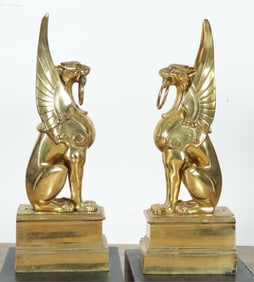 Pair of Brass Griffin Fireplace Andirons