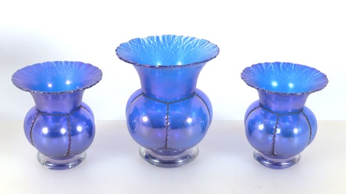 Three Venetian Style Iridescent & Blue Glass Vases