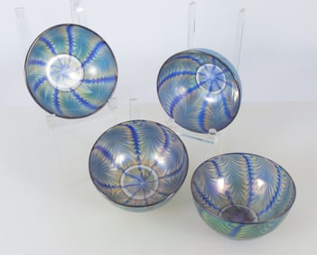 Four Lundberg Studios Blue Iridescent Glass Bowls