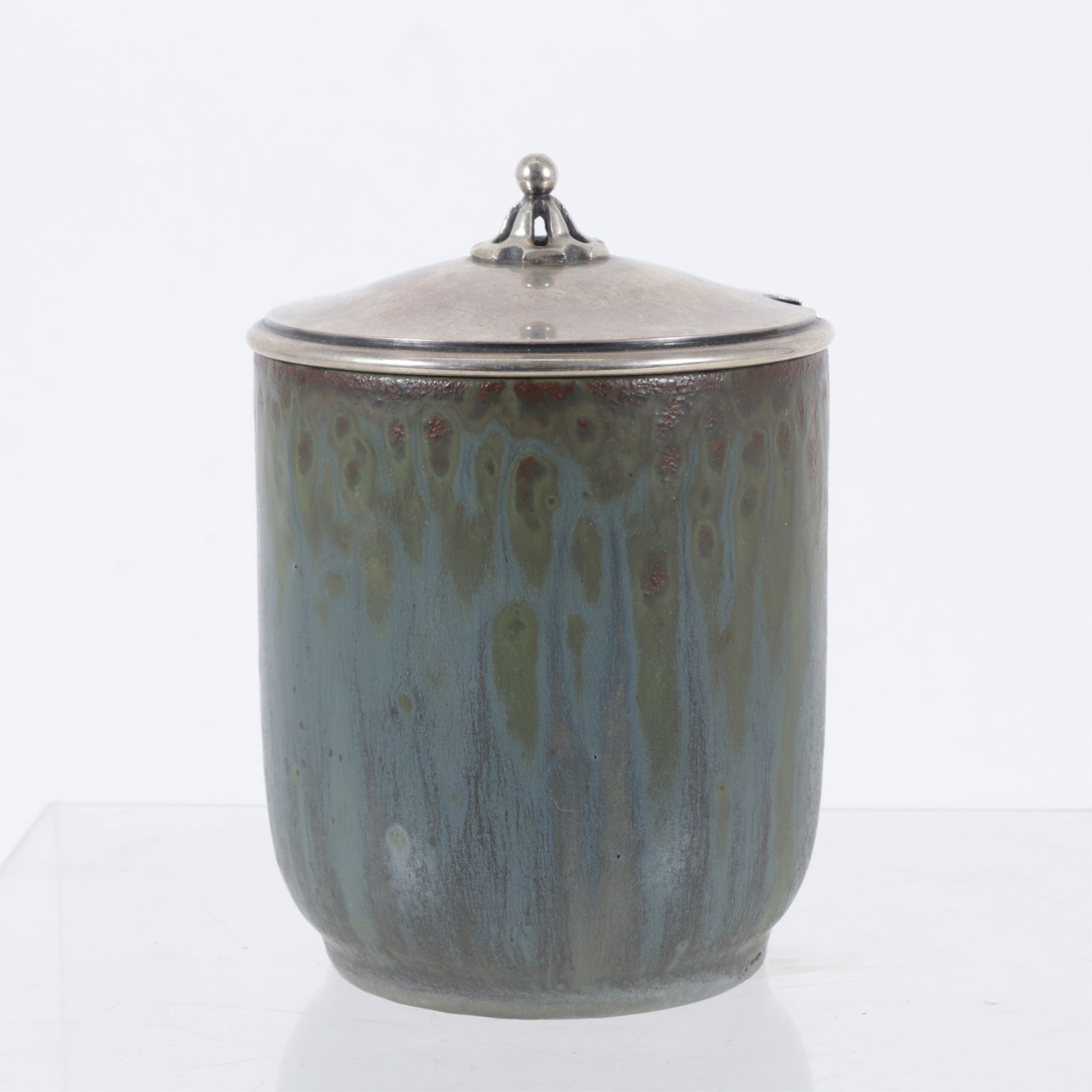 Arne Bang - Earthenware Lidded Vessel: Arne Bang (Danish, 1901-1983) blue and green glazed earthenware jar with figural .830 silver lid designed by Borge Alexis Godtbergsen (Danish, 1940-1987). Jar monogrammed to underside, lid stamped 830