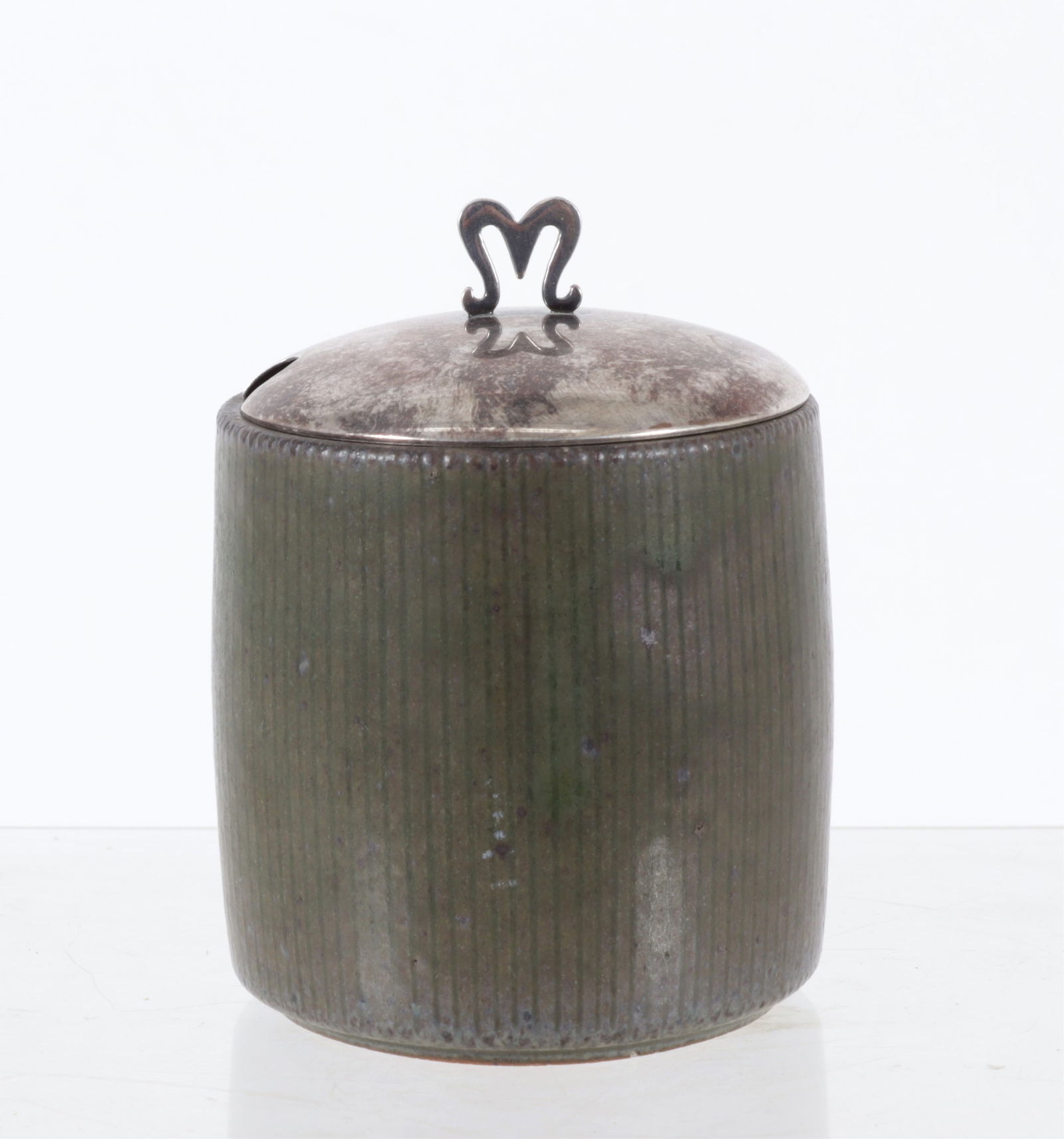 Arne Bang - Earthenware Lidded Jar: Arne Bang (Danish, 1901-1983) green linear glazed earthenware jar with sterling silver lid designed by S. Christian Fogh (Danish, 1947-1973). Jar monogrammed on bottom, lid stamped SCF, Sterling, AXON