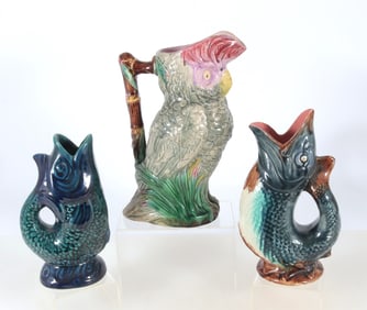 English Majolica Cockatoo & Pair of Fish Pitchers
