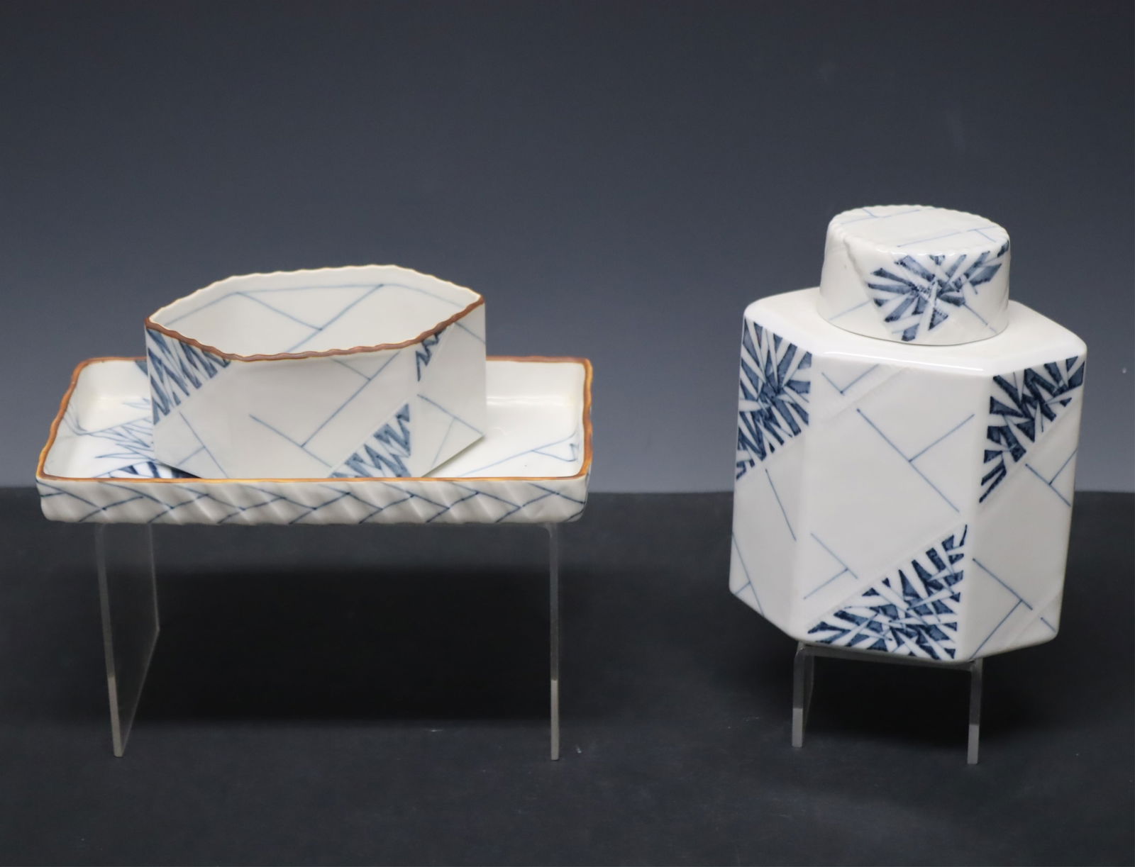 Anne-Marie Trolle - Floreana Porcelain Items: Anne-Marie Trolle (Danish, b 1944) for Royal Copenhagen, Floreana blue and white porcelain tray, hexagonal bowl & lidded tea caddy. Tea caddy 7" H