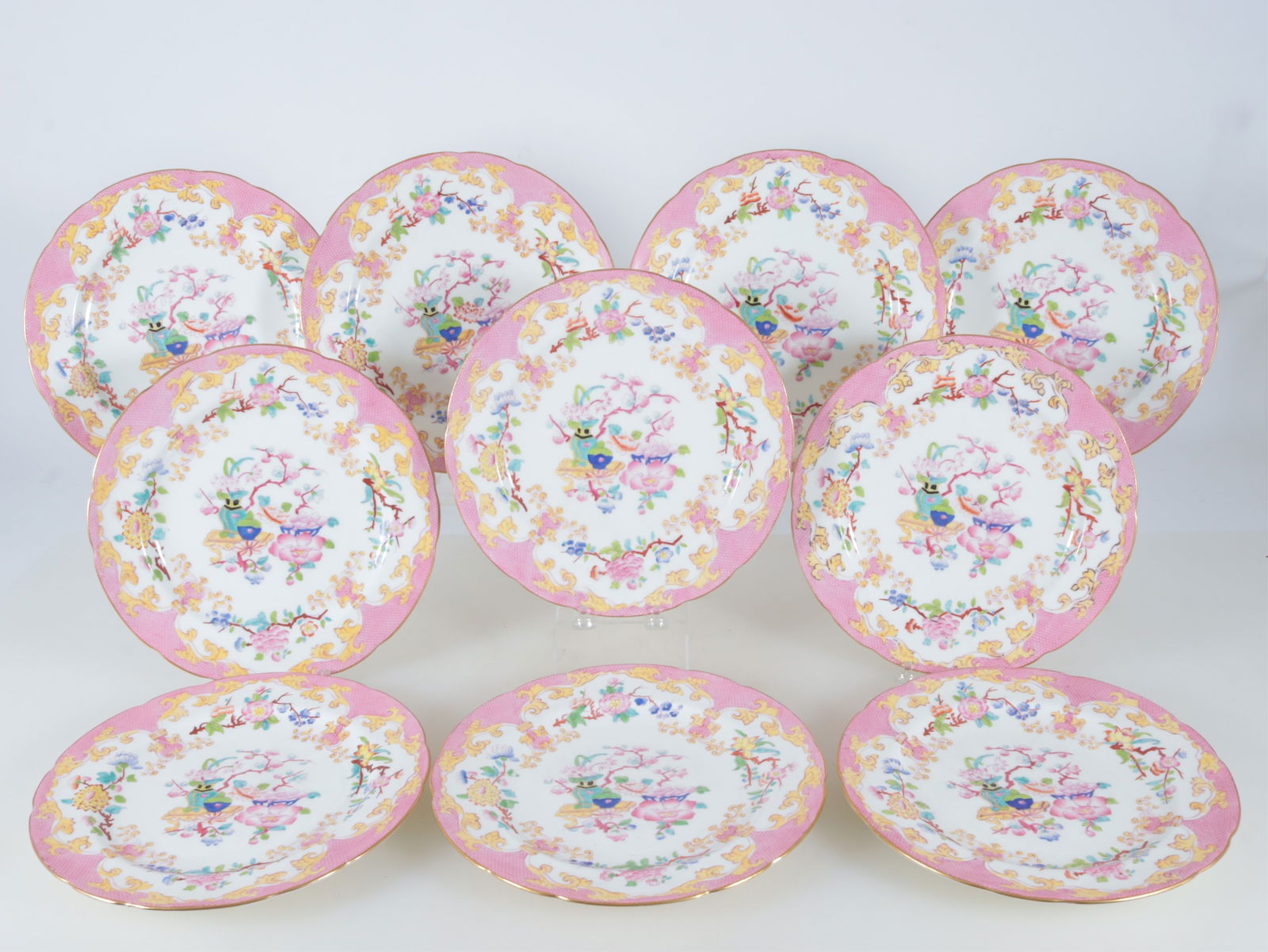 10 Minton Chinese Tree Dinner Plates - L. 19th C: A group of 10 Minton Chinese Tree porcelain dinner plates, pink ground. Late 19th C. 10.5" diameter