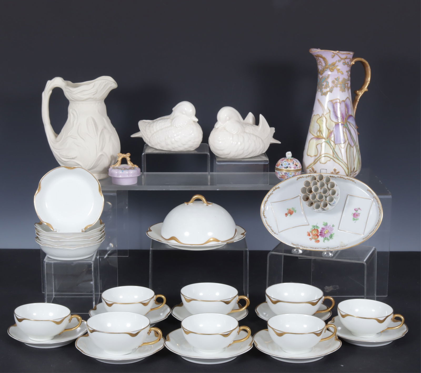 Herend - Dresden - Limoges Porcelains: Herend of Hungary bonbonniere, 1 1/2" x 2 3/4"; Dresden Carl Thieme cigarette receptacle, 3" x 9" x 5 3/4"; two vintage Doves 3 1/2 "x 7" x 3 1/4"; Limoges GOA France chocolate pot, 11 1/4" x 6 1/2";