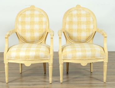 Pair Louis XVI Style Yellow Painted Fauteuils