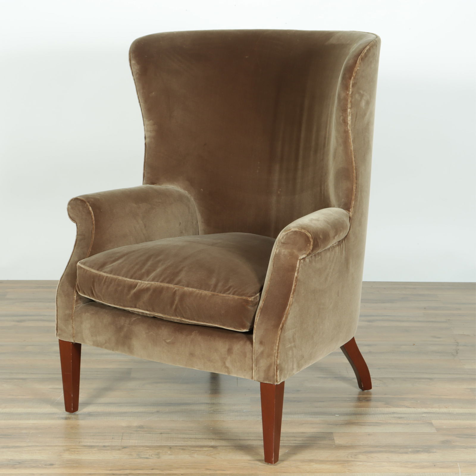 George III Style Mahogany Tub Armchair: George III Style Mahogany Tub Armchair, upholstered in olive velour. 43.25" H x 33" W x 32" D