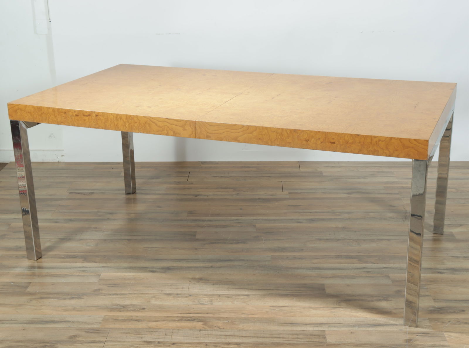 Milo Baughman Style Extension Dining Table: Milo Baughman Style Extension Dining Table, chrome and elm wood with three leaves. 30.5" H x 40" W x 72" L