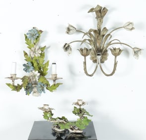 Two Foliate Painted Tole Sconces & Candelabra