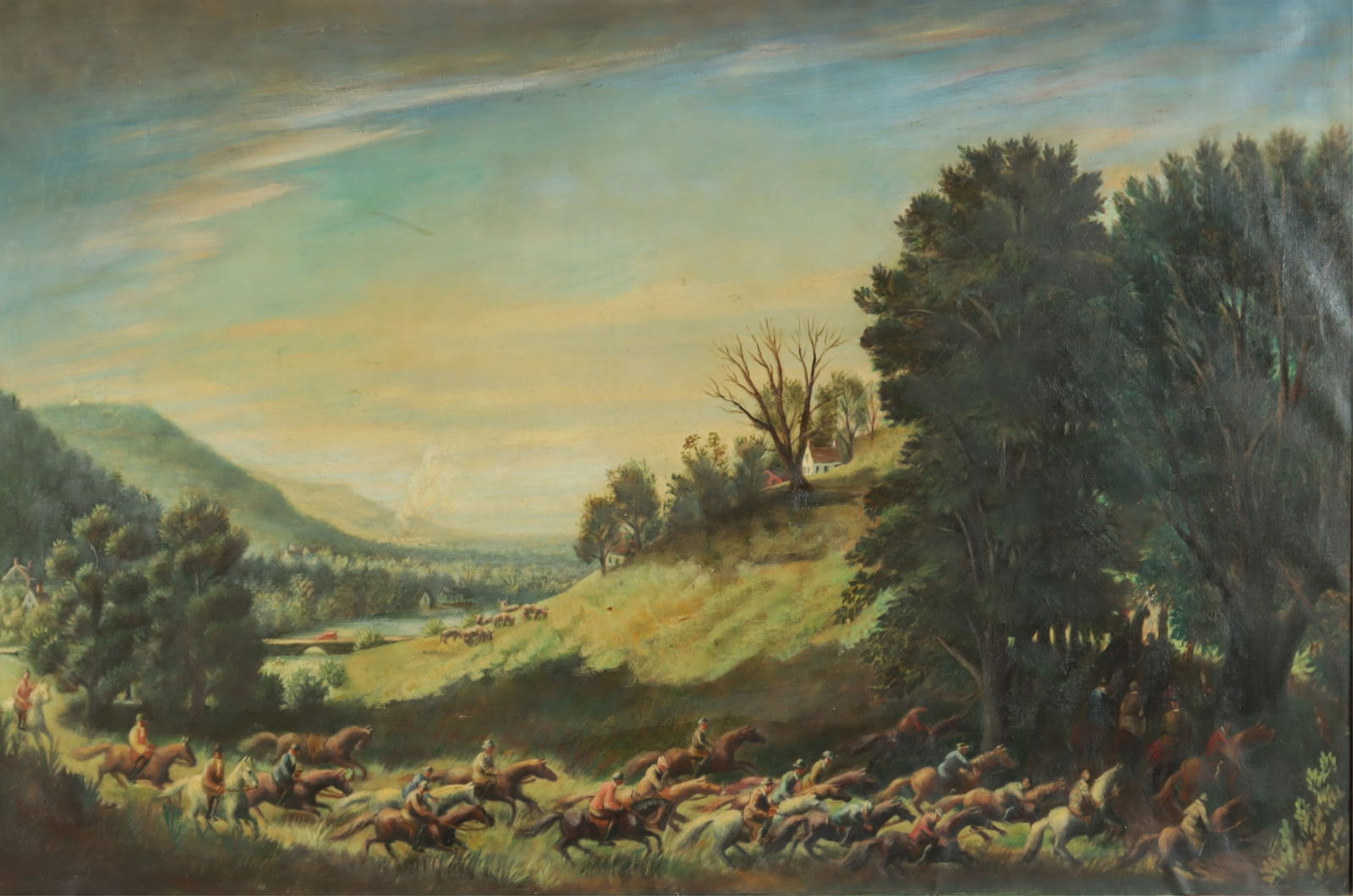 Joseph Pollet - Fox Hunt - O/C: Joseph Pollet, American, 1879-1979, Fox Hunt, c.1940, oil on canvas, signed lower right. Note: Joseph Pollet studied at the Art Students League of New York under American painter John Sloan. Pollet wa