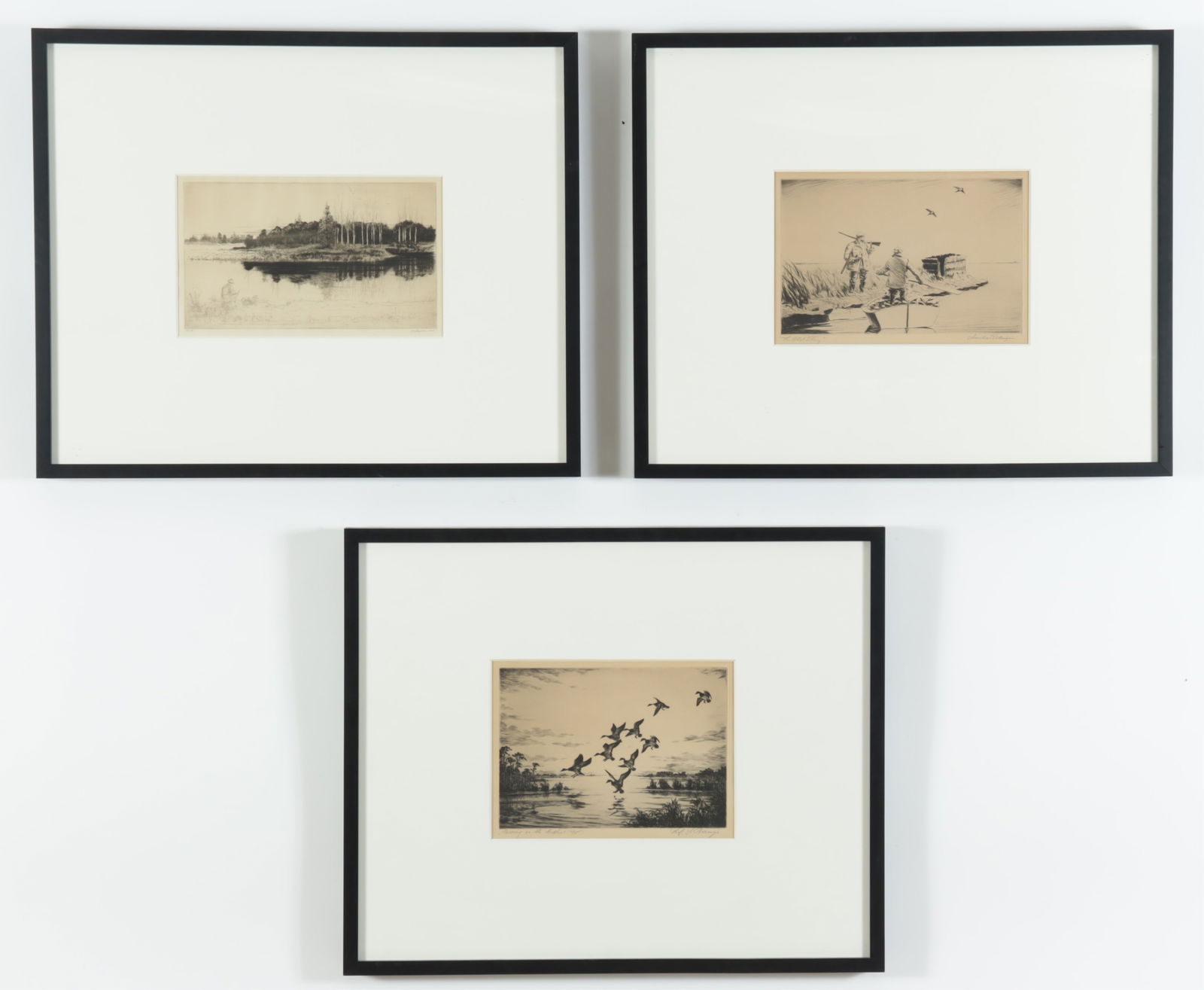 Three Hunting & Fishing Etchings: Three Hunting & Fishing Etchings. Comprising: Churchill Ettinger (American, 1903-1984) "The Old Story". F. A. du Peyron (American, 1887-1930) "Midsummer Day" ed 90, 1824. Professor George Barany "Morn