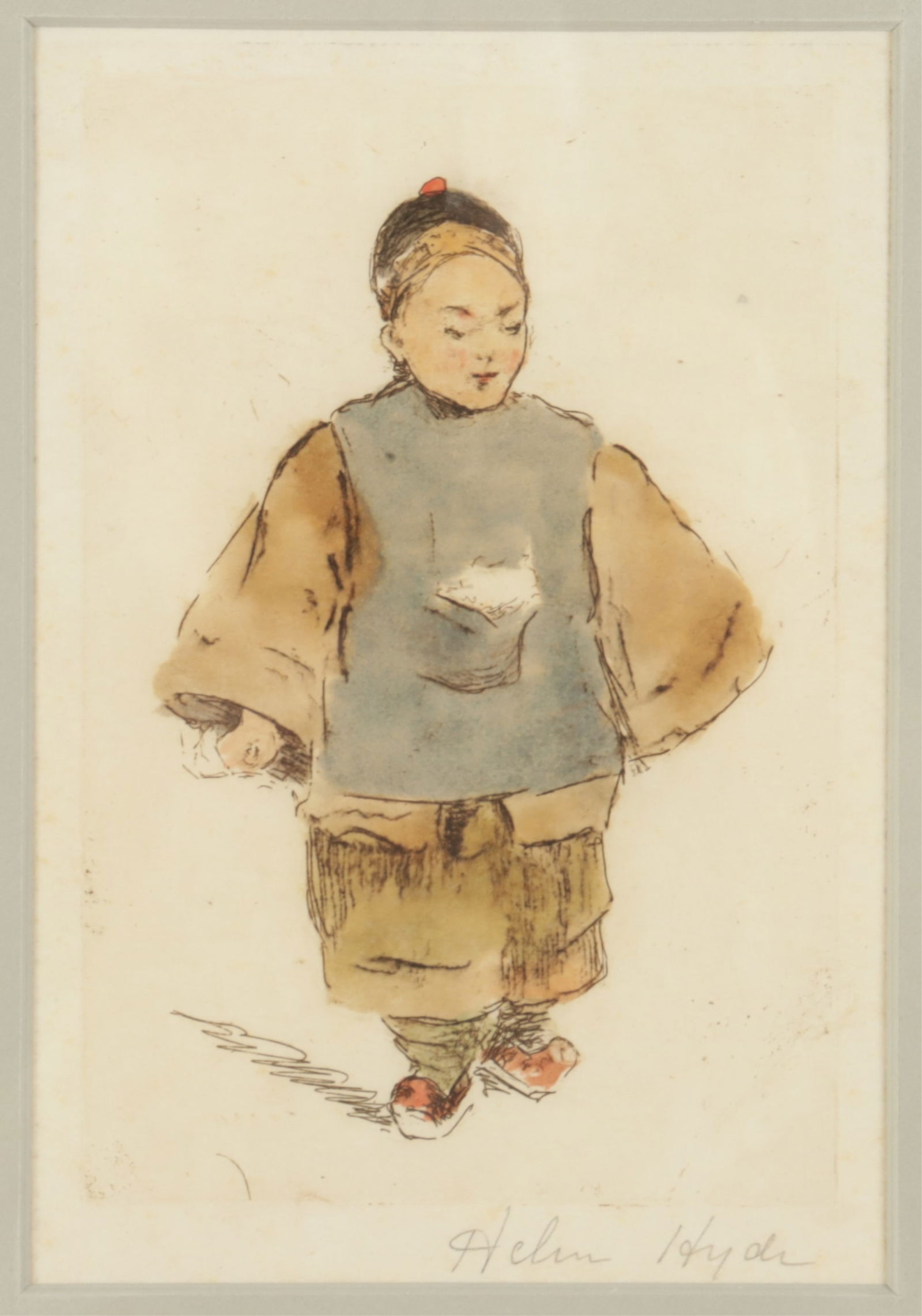 Helen Hyde - Chinese Boy: Helen Hyde (American, 1868-1999) Chinese Boy, hand colored print, pencil signed in margin lower right. Purchased: Works on Paper Armory Show, New York, January 1996. 6.5" x 4.5" Framed 13.25" x 12."