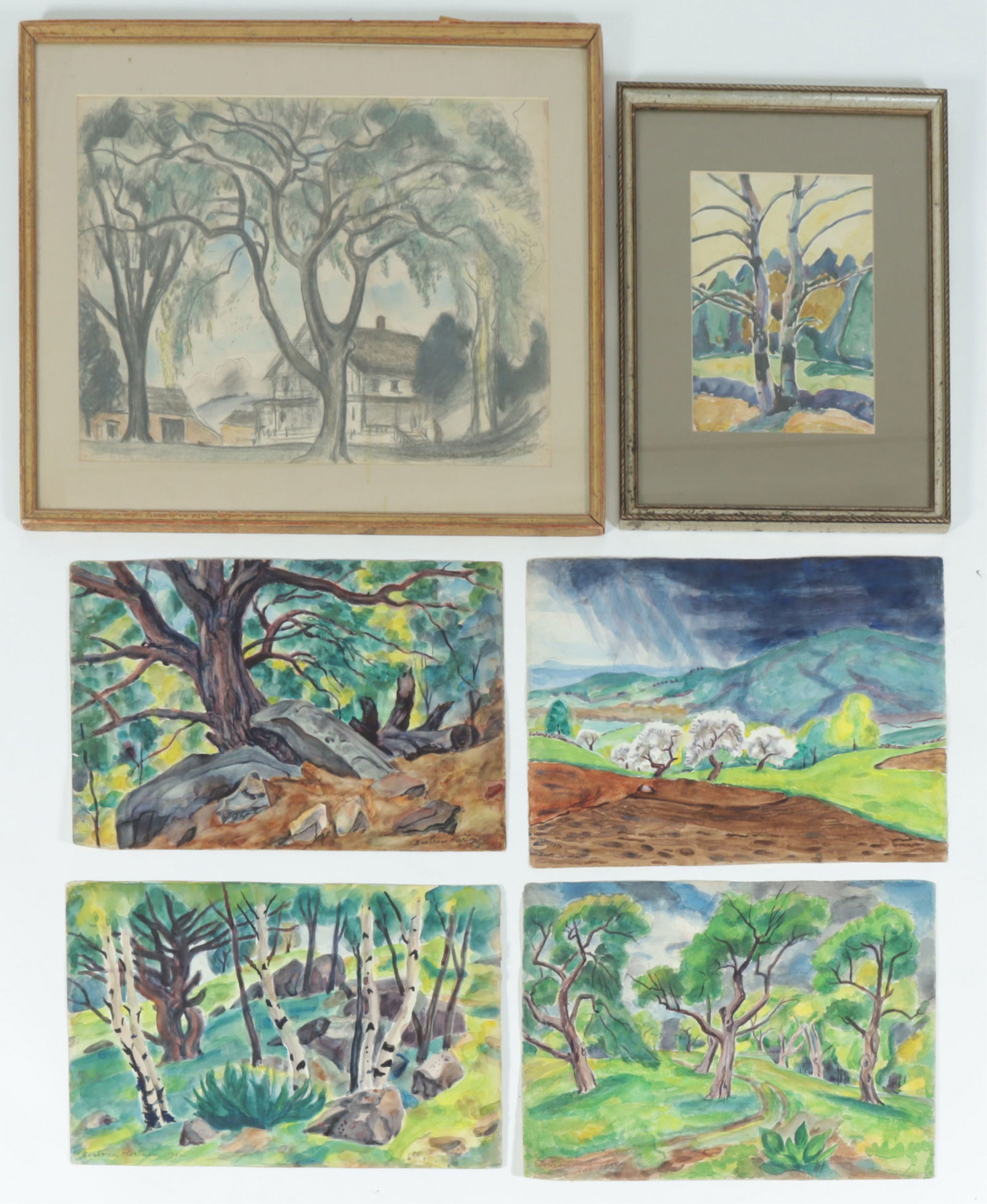 C. Bertram Hartman - Landscapes - W/C - Pastel: C. Bertram Hartman, American, 1882-1960, 6 works on paper featuring Landscapes with Trees, includes a framed Pastel drawing Farmhouse and Elms, New Mexico, a framed watercolor work of Birch Trees, alo