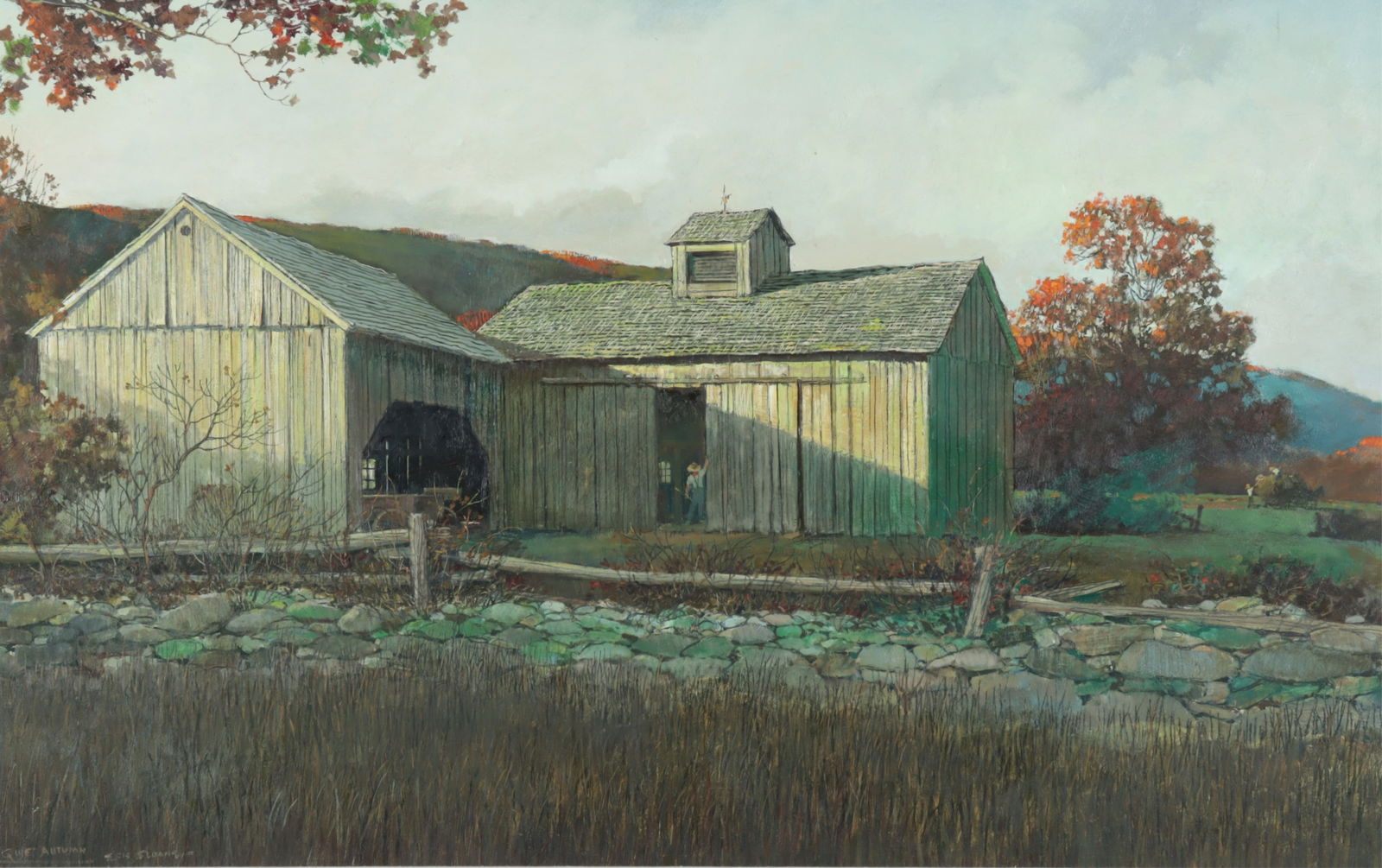 Eric Sloane - Quiet Autumn O/B: Eric Sloane (American, 1905-1985) Quiet Autumn, oil on board landscape with barn and figures, signed and titled lower left. 23.25 x 36.75" Framed: 33 x 46.5"