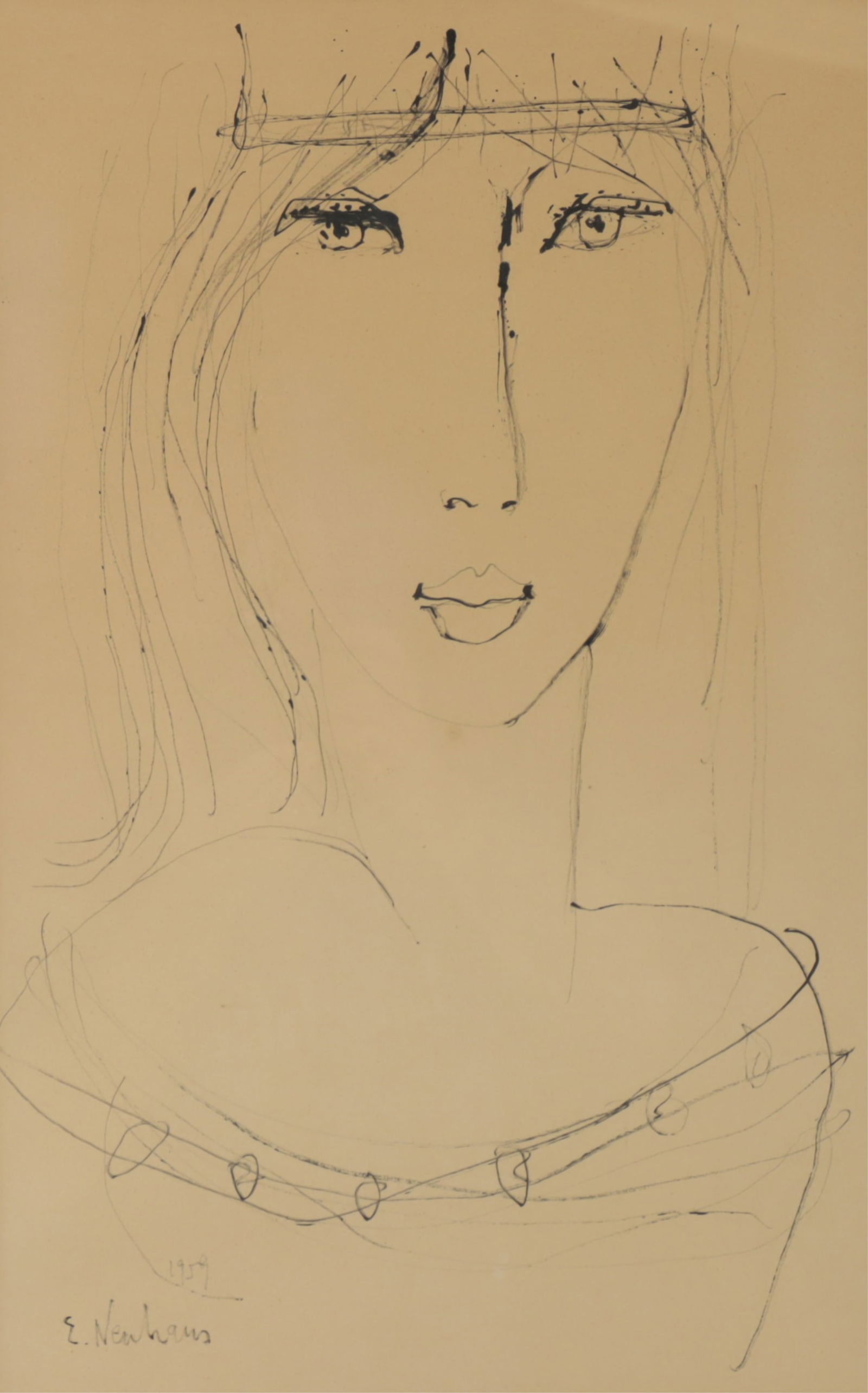 Ervin Neuhaus - Portrait of a Young Lady: Ervin Neuhaus (Hungarian, 1928-2012). Portrait of a Young Lady, ink on paper. Signed and dated 1959 lower left. 19.75" x 12.5" Framed 28.25" x 20.5"