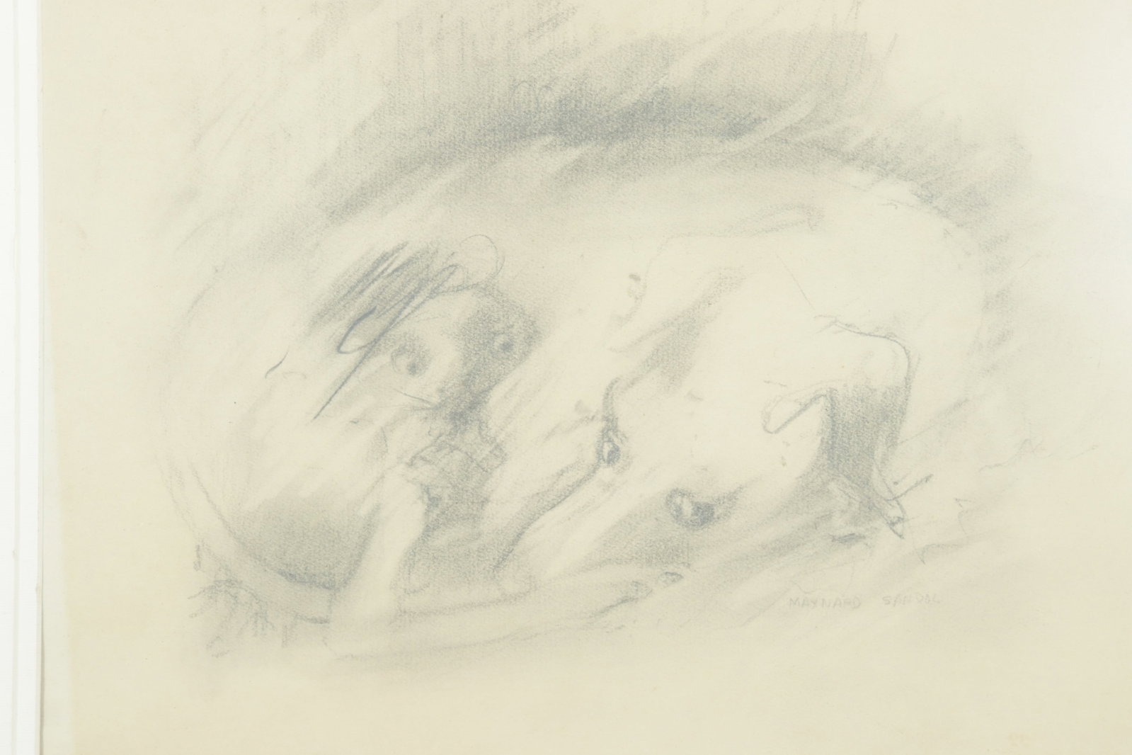 Maynard Sandol - Dog & Others - mixed media: Collection of six works by Maynard Sandol, American, 1930-2019, includes drawing of Cape Cod, abstract paintings and sketches of figures, c.1963, a pencil sketch of a dog with puppy 10 3/4 x 14 to 24 