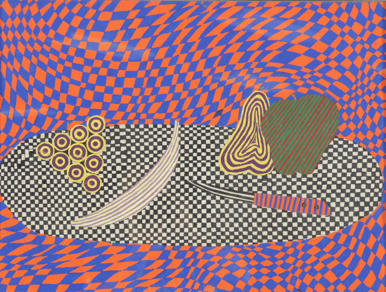 Lorraine Della Rocca - Abstract Still Life: Lorraine Della Rocca (20th C), hot pink geometric still life, mixed media on paper, thin metal frame. Framed 18.25" x 24.25"