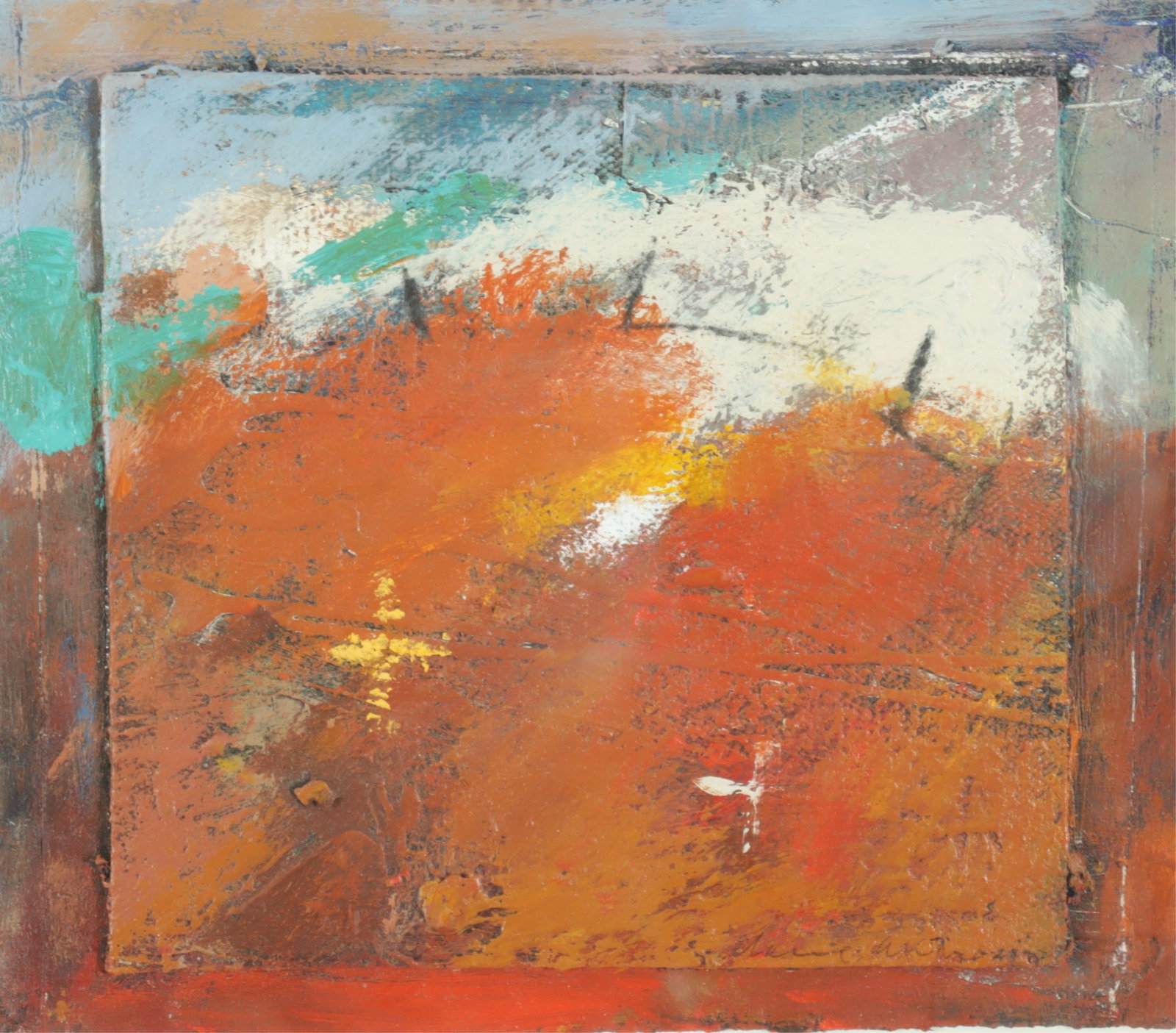Elaine Anthony - Red Prairie II M/M: Elaine Anthony (American, 1946-1996) Red Prairie II, mixed media, unsigned, titled and dated verso 1991. 6.25" H x 7" W, Framed 13" H x 14" W