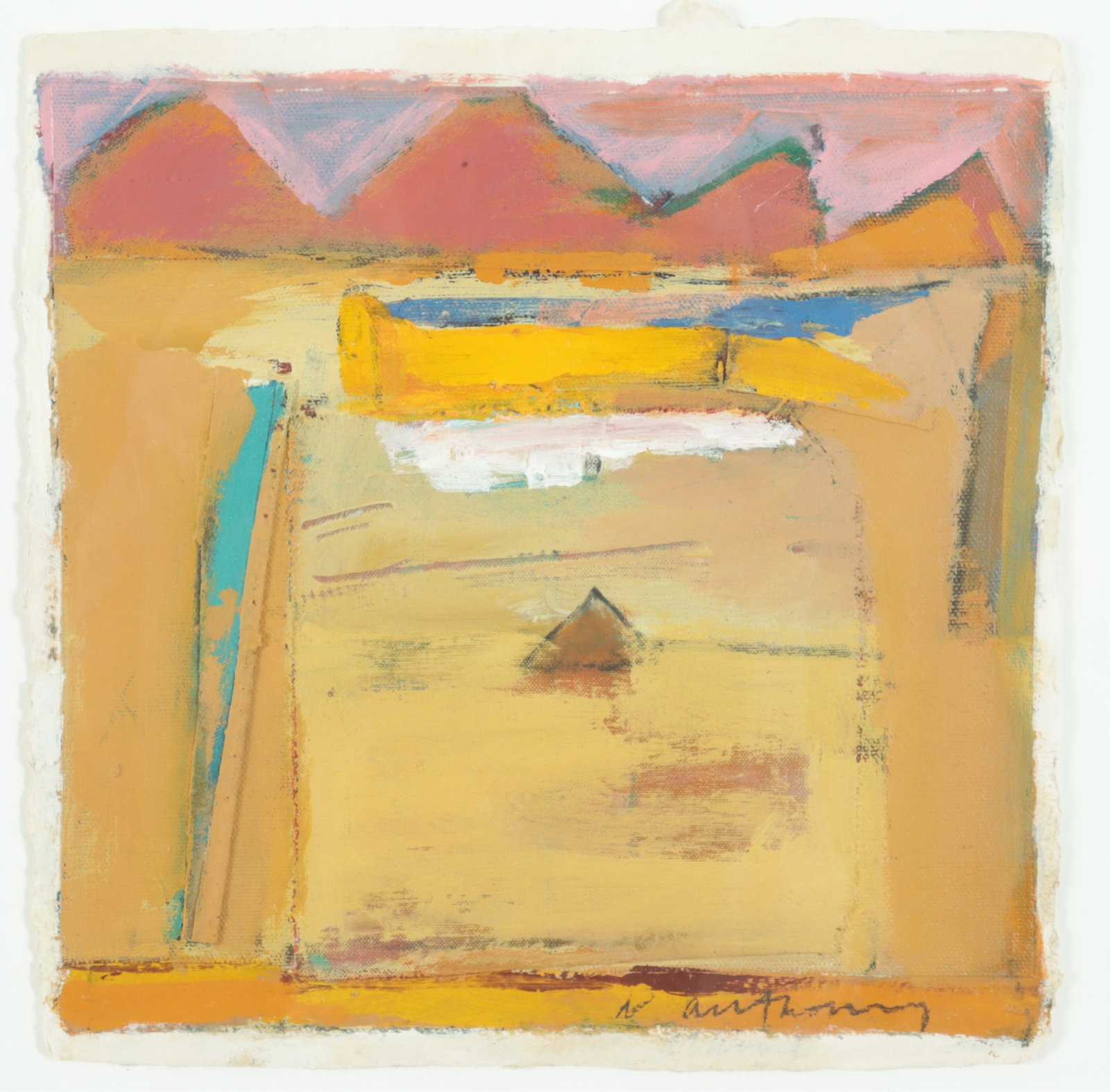 Elaine Anthony - Red Mesa II M/M: Elaine Anthony (American, 1943-1996) Red Mesa II, mixed media, signed lower right, titled and dated verso 1989. 10.25" H x 9.75" W, Framed 16" H x 16" W