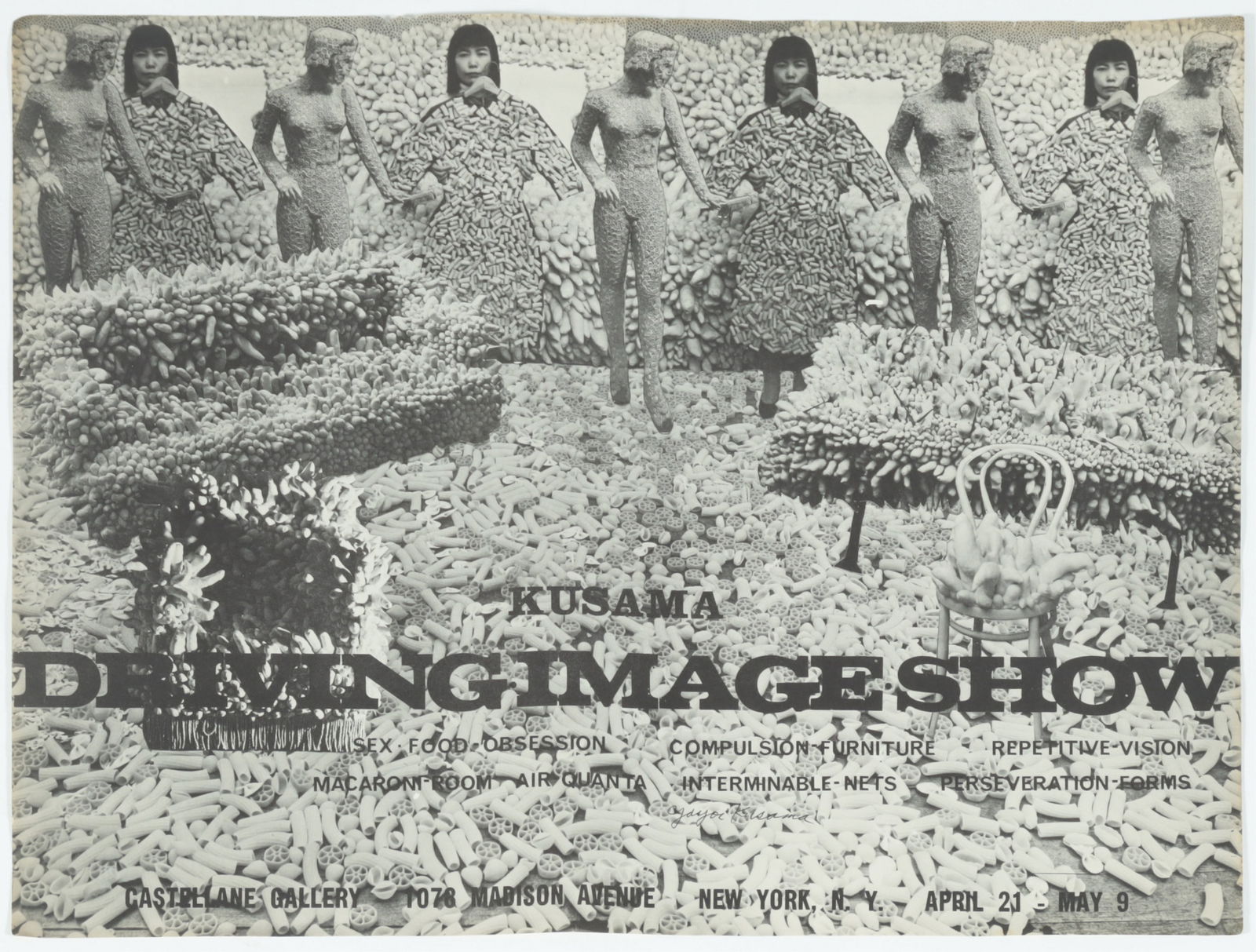 Yayoi Kusama - Driving Image - Signed Poster: Yayoi Kusama signed "Yayoi Kusama 1964" exhibition poster from the Castellane Gallery, 1964, published on the occasion of Yayoi Kusama at Castellane Gallery, NYC, "Sex - Food-Obsession - Compulsion-Fu