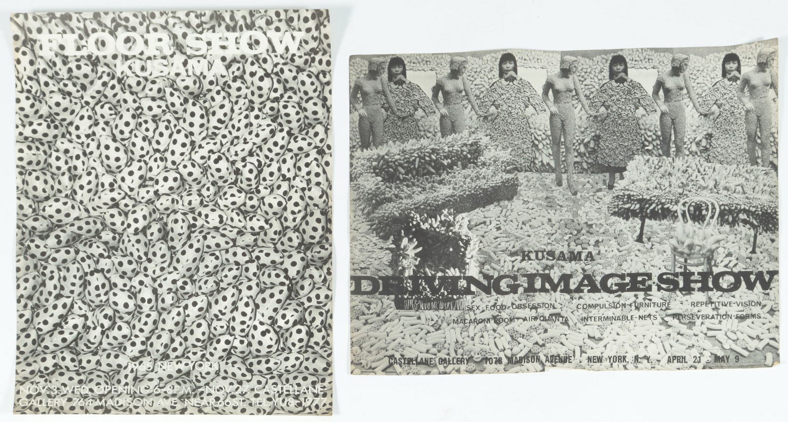 Yayoi Kusama - Driving Image, Floor Show: Two Yayoi Kusama exhibition posters from the Castellane Gallery, NYC, each poster published on the occasion of both Yayoi Kusama exhibitions at Castellane Gallery, includes "Sex - Food-Obsession - Com