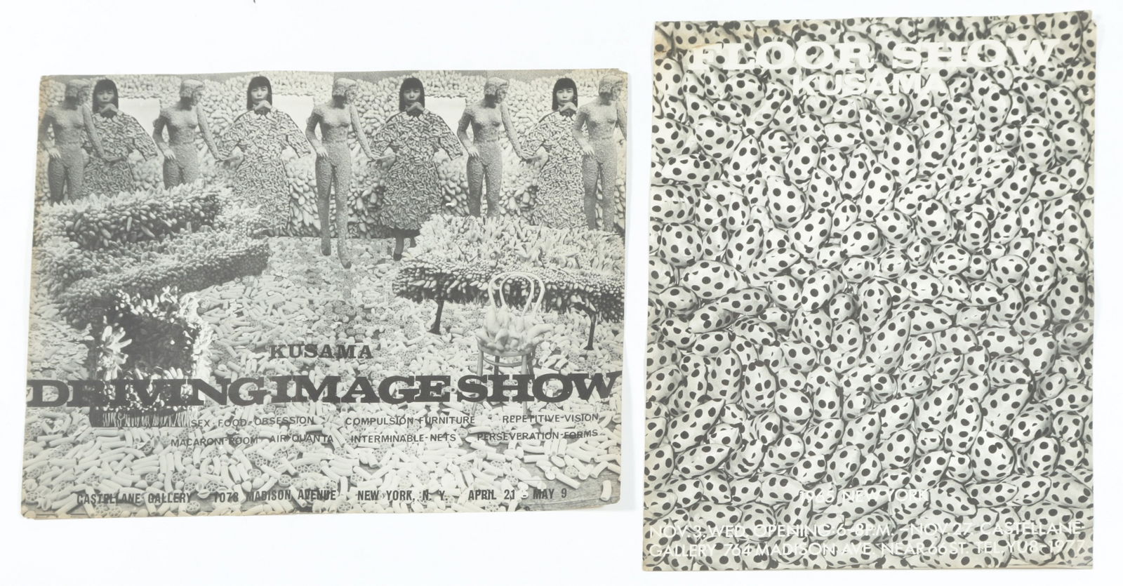 Yayoi Kusama - Driving Image, Floor Show: Two Yayoi Kusama exhibition posters from the Castellane Gallery, NYC, each poster published on the occasion of both Yayoi Kusama exhibitions at Castellane Gallery, includes "Sex - Food-Obsession - Com