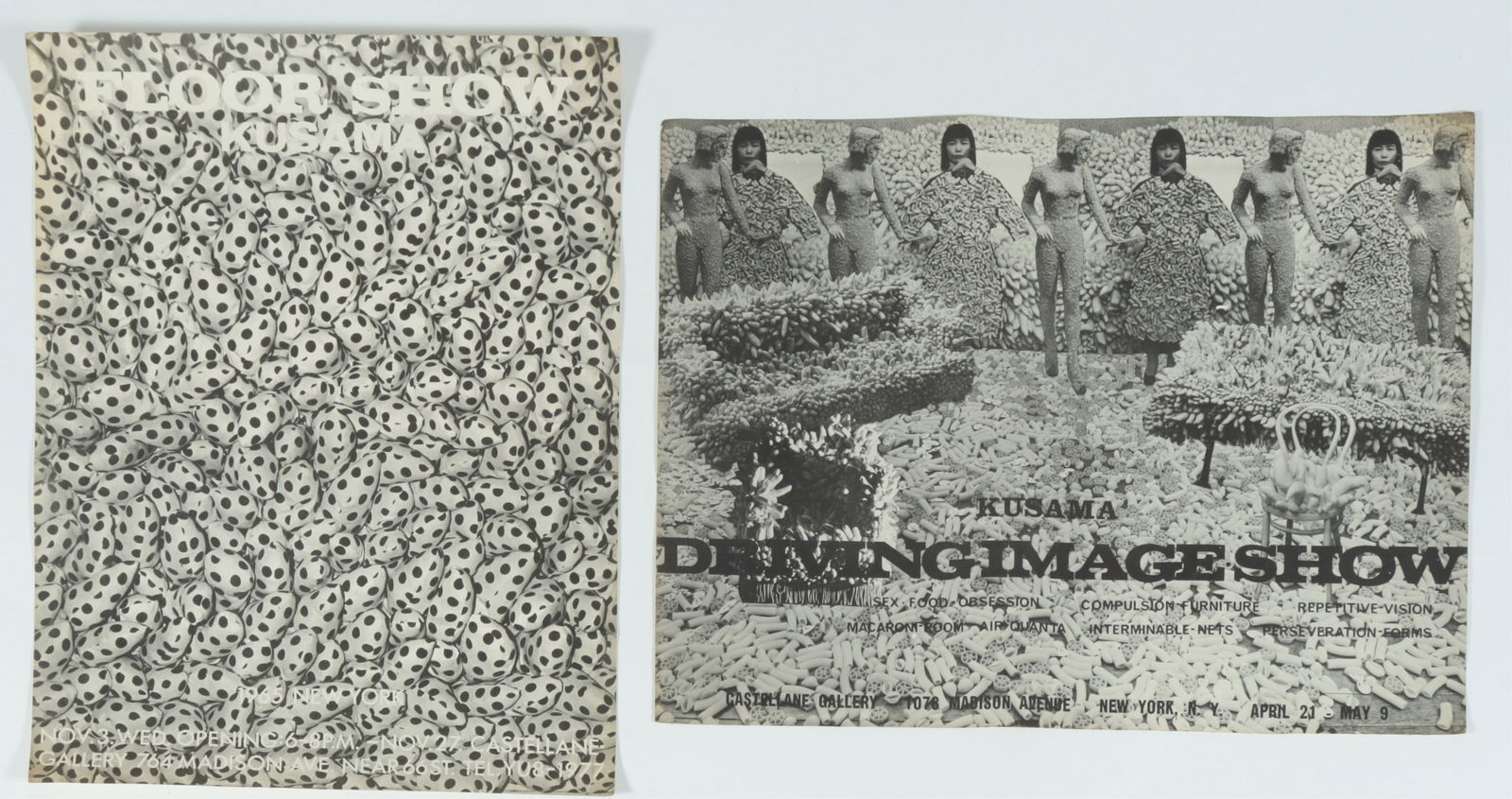Yayoi Kusama - Driving Image, Floor Show: Two Yayoi Kusama exhibition posters from the Castellane Gallery, NYC, each poster published on the occasion of both Yayoi Kusama exhibitions at Castellane Gallery, includes "Sex - Food-Obsession - Com