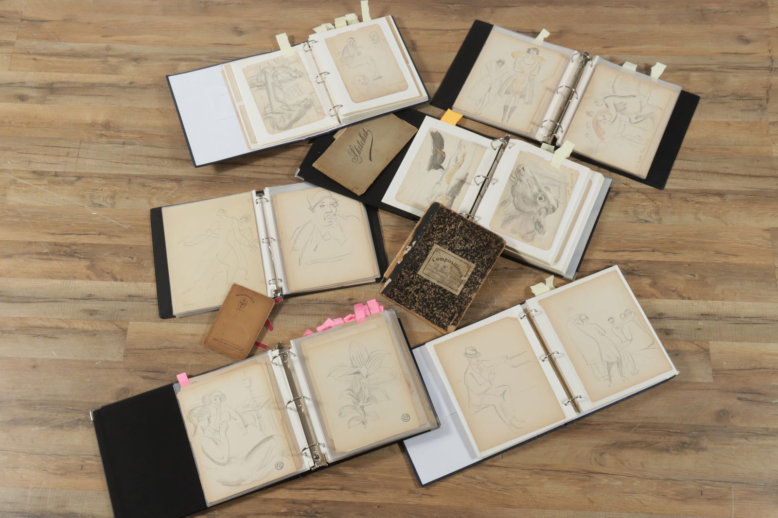 C. Bertram Hartman - 6 Binders - Sketchbook: C. Bertram Hartman, American, 1882-1960, Six Binders of works on paper taken from sketchbooks, subjects include, Trip to France, portrait studies, NYC street scenes, nature, nudes, animals, Gusta, Mai