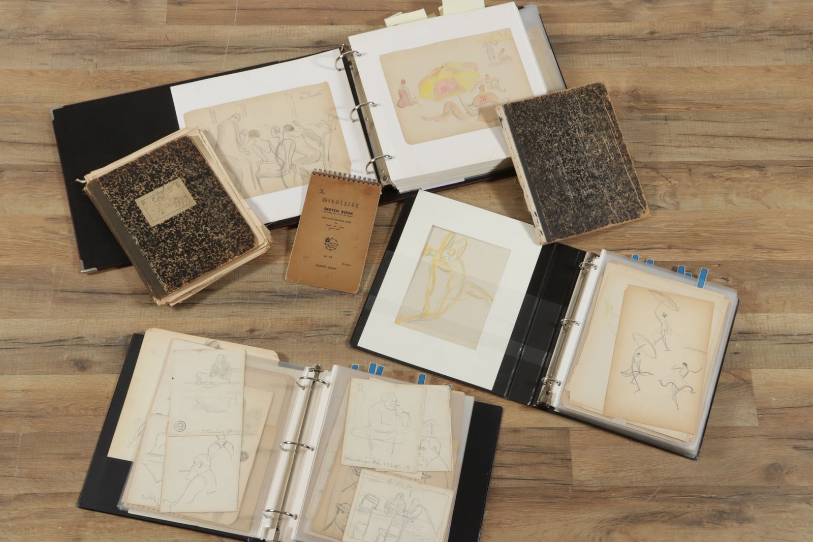 C. Bertram Hartman - 3 Binders of Drawings: C. Bertram Hartman, American, 1882-1960, Three Binders of works on paper taken from sketchbooks, subjects include NYC buildings, animals, musicians, dancers, portraits, Maine and Coney Island scenes,
