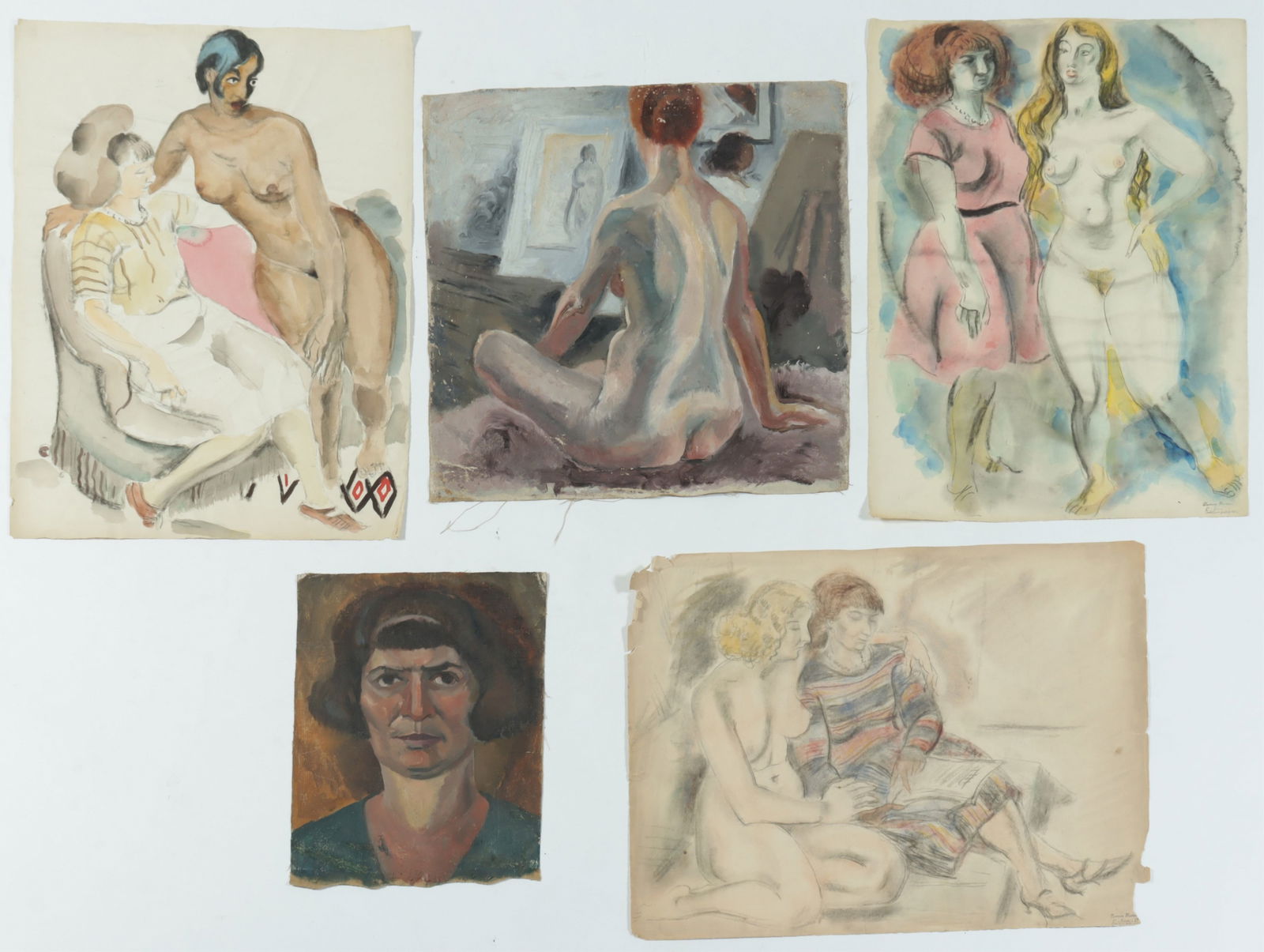 C. Bertram Hartman - Gusta - O/C, Pastel: C. Bertram Hartman, American, 1882-1960, Gusta Hartman (en verso gallery stamp) and Nudes (unsigned) oil on canvas, along with three portraits of Gusta with nude models, charcoal, pastel and watercolo