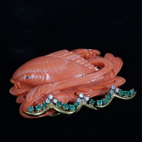 Carved Coral Koi Fish Brooch