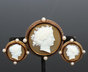 Hardstone Cameo Brooch & Earrings