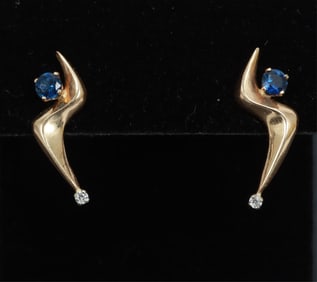 Pair of Retro 14K and Sapphire Earrings