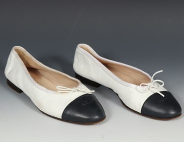 Chanel White & Navy Blue Ballet Flats