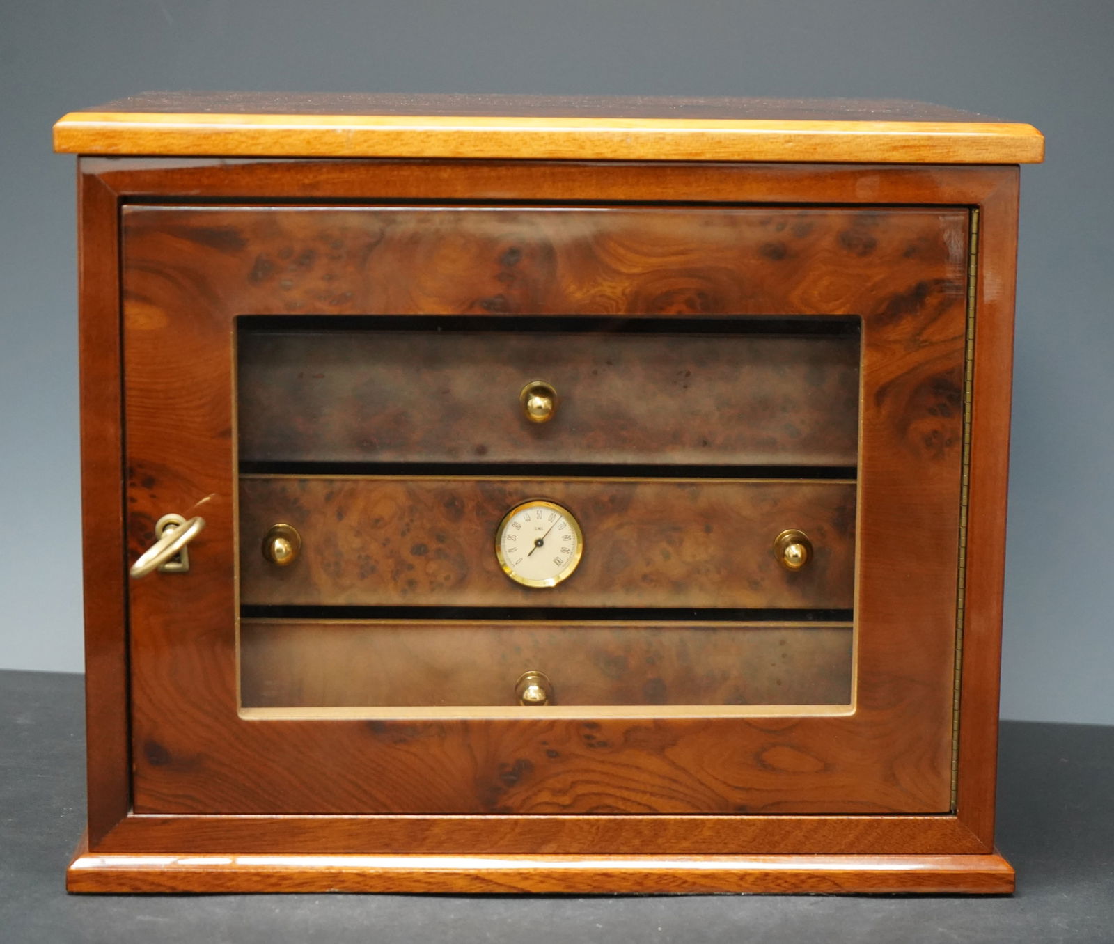Attr. Mappin & Webb Burl Walnut Table Humidor: Attributed to Mappin & Webb Burl Walnut Table Humidor 11.75" H x 14.25" W x 11.5" D Property from a Connecticut shoreline collection.