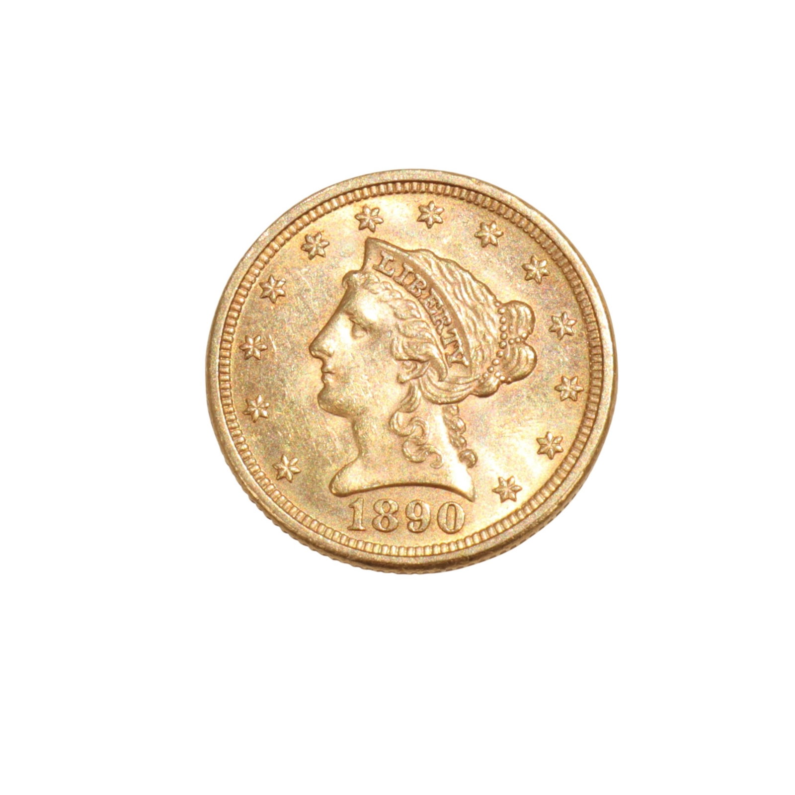 1890 Liberty Head $2.50 Gold Coin: 1890 Liberty Head $2.50 Gold Coin. 4.2 grams. 18 mm Property from the estate of Mary Bundy.