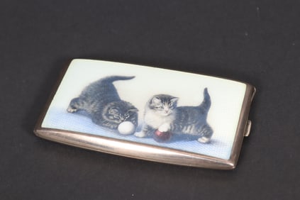Austrian Enamel and Silver Kitten Cigarette Case