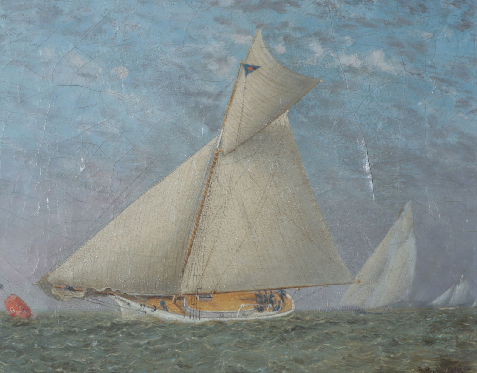 American School - Ship Painting, 19th C: American School, Late 19th Century Sloop at Sea, signed & dated "E.P. Conn 1881" lower right, oil on canvas, in a giltwood frame.Dimensions: 8" H x 10" W; Framed 13 1/4" H x 15 1/4" WProperty from the