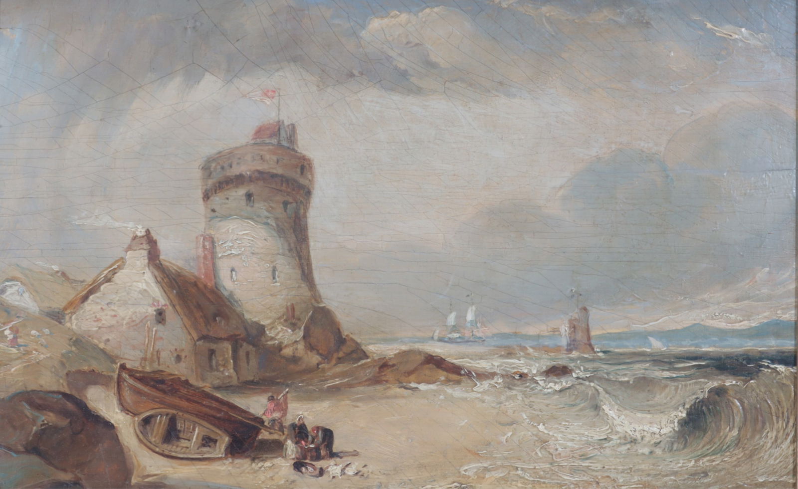 19th C. British School - Marell's Tower O/B: 19th C. British School, Seascape, Possibly Marell?s Tower, oil on board, en verso gallery receipt attached, c.1981, signature not foundDimensions: 10 7/8 x 17, framed 14 1/2 x 20 1/2Property from a Go