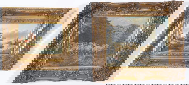 Dutch Scenes - Crossing River & Sheep in Barnyard