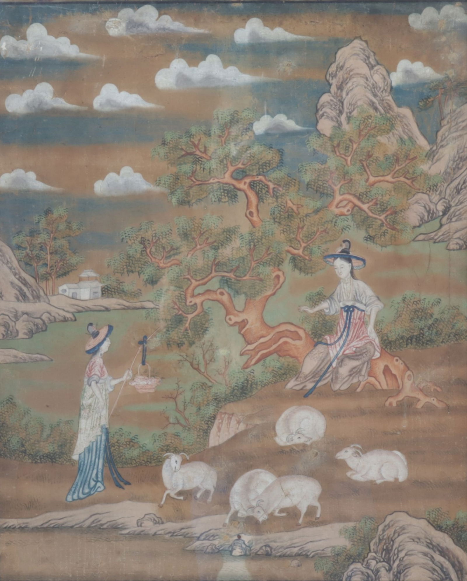 Chinese School - Bucolic Watercolor: Chinese School, bucolic watercolor scene depicting shepherdess in idyllic landscape, 18th century circa 1770 , on rice paper. Green painted and faux bamboo adorned frame.Purchased Stair & Co - 1989Dim