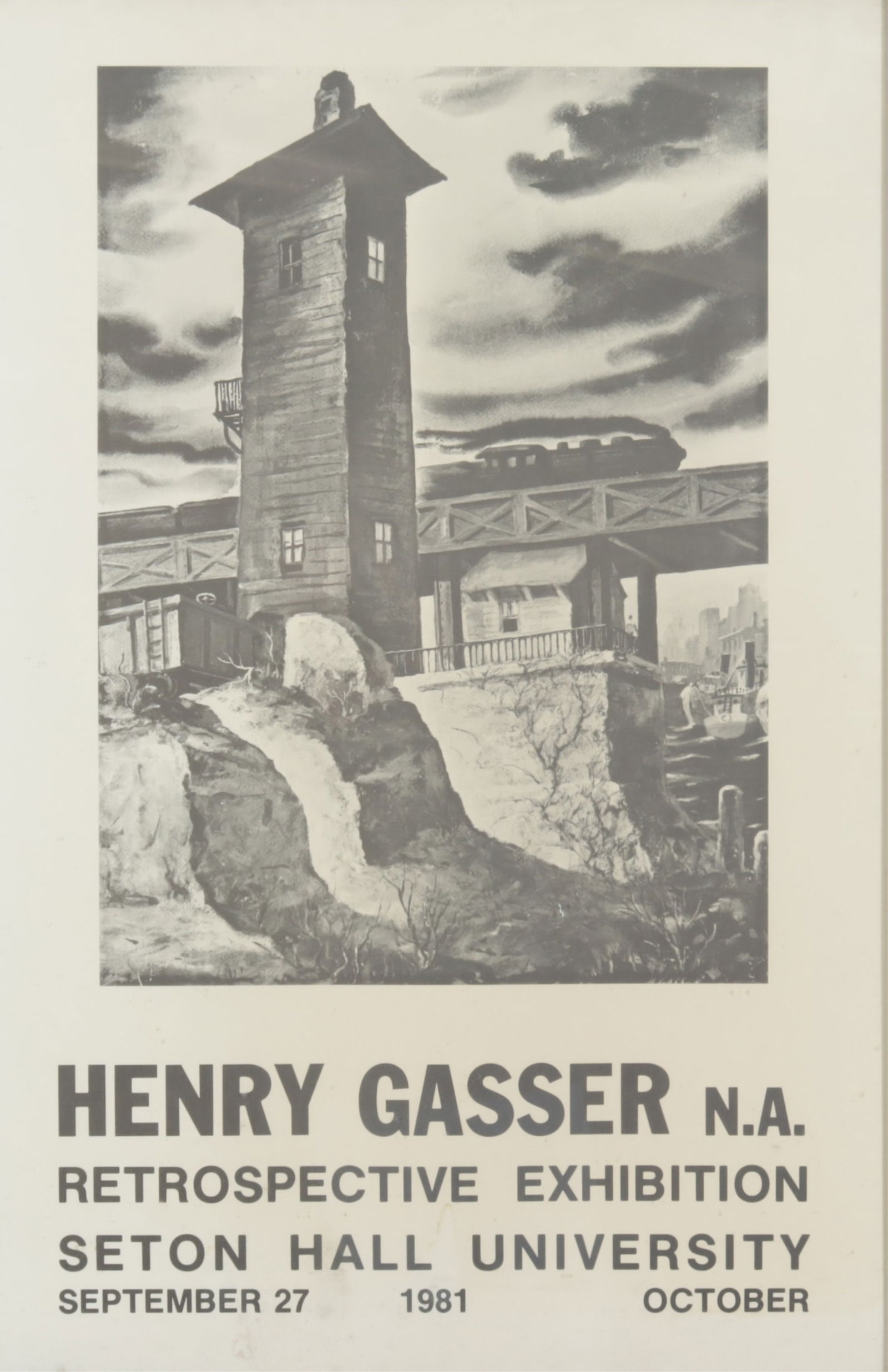 Henry Gusser - Retrospective Poster: Henry Gusser Retrospective Exhibition Poster, Seton Hall University, lithograph, 1981, framed.Dimensions: 36 1/2" H x 24 1/4" WProperty from the estate of Nancy Lee Ryan, an accomplished documentary f